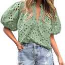 PRETTYGARDEN Women's Summer Tops 2025 Dressy Casual Short Sleeve V Neck Buttons Hollow Out Lace Embroidered Blouses Shirts XL