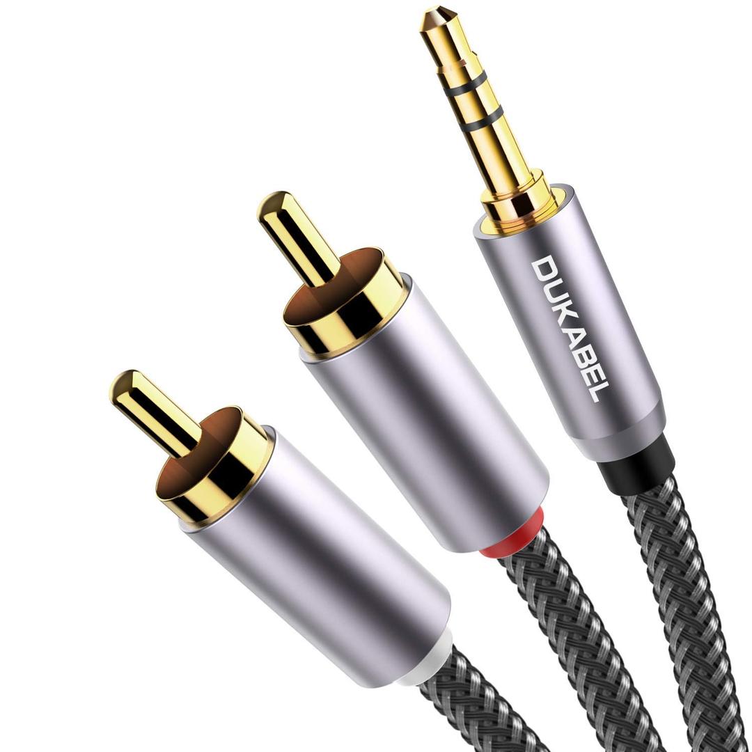DUKABEL Top Series Long RCA Cables (16 Feet / 5 Meters) - 2-Male RCA to AUX Audio Cable with Crystal-Nylon Braided/24K Gold Plated/99.99% 4N OFC Conductor