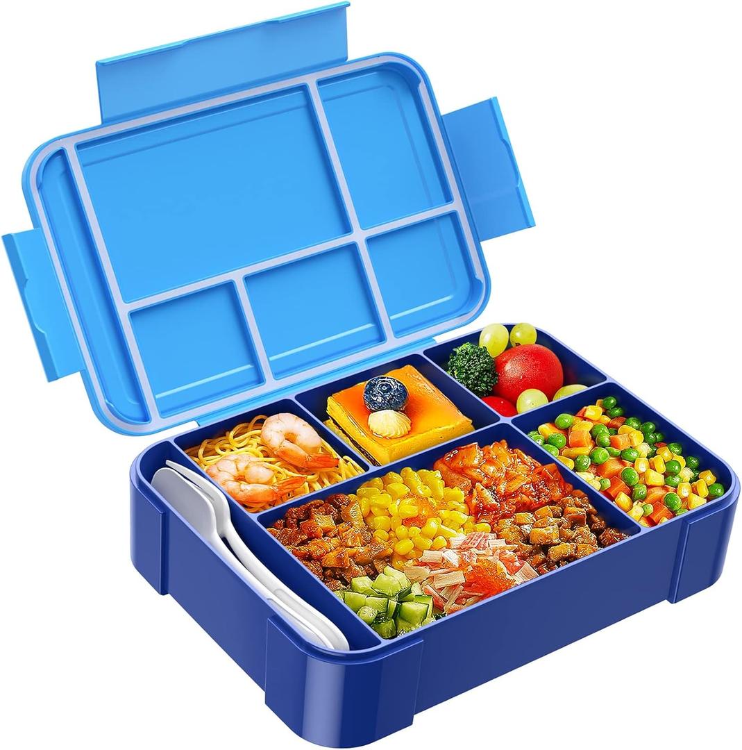 Jelife Bento Lunch Box for Kids - 1450ml Leakproof Kids Bento Box 6 Compartments Toddler Lunch boxes with Silverware for Back to School, Reusable LunchBox Snack Container for Daycare (Bentgo-Blue)