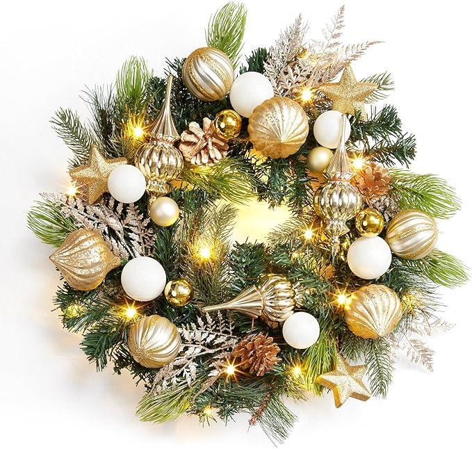 Garvee Christmas Wreath with Lights for Front Door, 24in Large Outdoor Christmas Wreaths, Battery Operated Prelit Xmas Wreath with Gold White Ball Ornaments for Fireplace Window Wall Decor