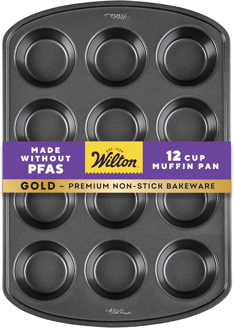 Wilton Gold Non-Stick 12 -Cup Muffin Pan, Stainless Steel Bakeware, Made without PFAS, 10.5 x 15 x 1.4 in