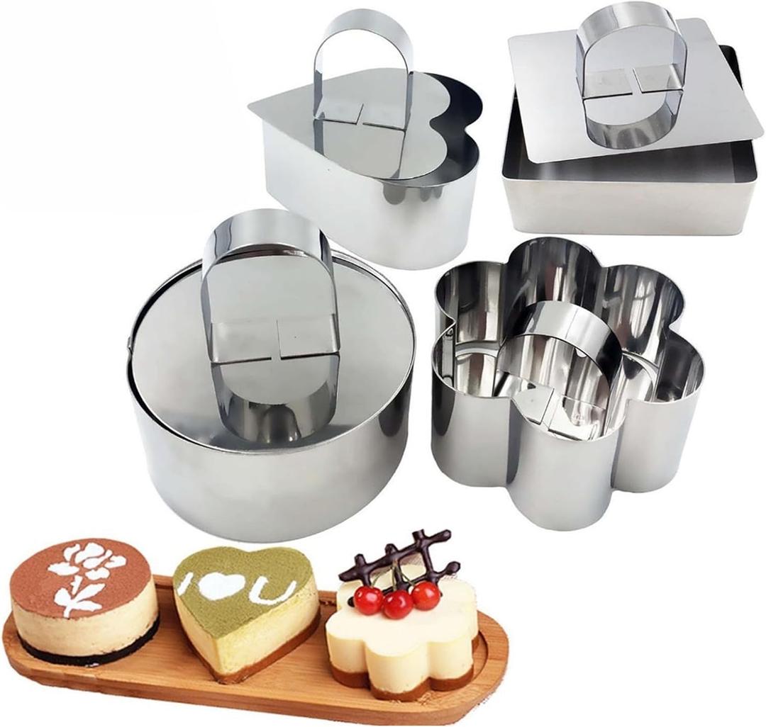 Set of 4 Cake Ring Mold, Stainless Steel 3 inch Round Dessert Mousse Mold with Pusher & Lifter Cooking Rings, Tuna Tartare Mold (Include 4 Rings and 4 Pusher)