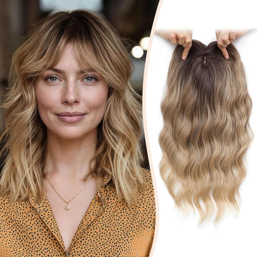 MARJORIE Hair Topper,Wavy Hair Toppers for Women 14inch Natural Looking Hairpiece with Wispy Bangs, Volume Booster Wiglet for Full Coverage, Quick Styling for Party/Date Night/Social/Content Creators (Ombre Light Brown to Blonde)