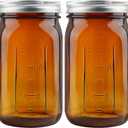 CARBLIN 2 Pack Mason Jars 32 oz, Amber Wide Mouth Canning Jars with Airtight Lids, Glass Pint Jars with Bands Labels Brush, Large Storage Quart Jars for Jam Fermenting Preserving
