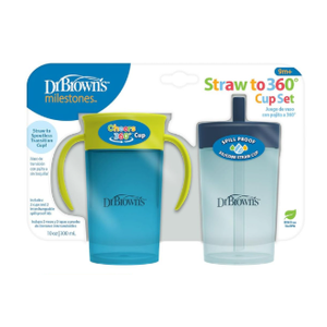 Dr. Brown's Milestones Straw to 360 Cup Set, Convertible Toddler Training Cup Set with Lids, Blue/Green, 10 oz/300 mL, BPA Free, 9m+