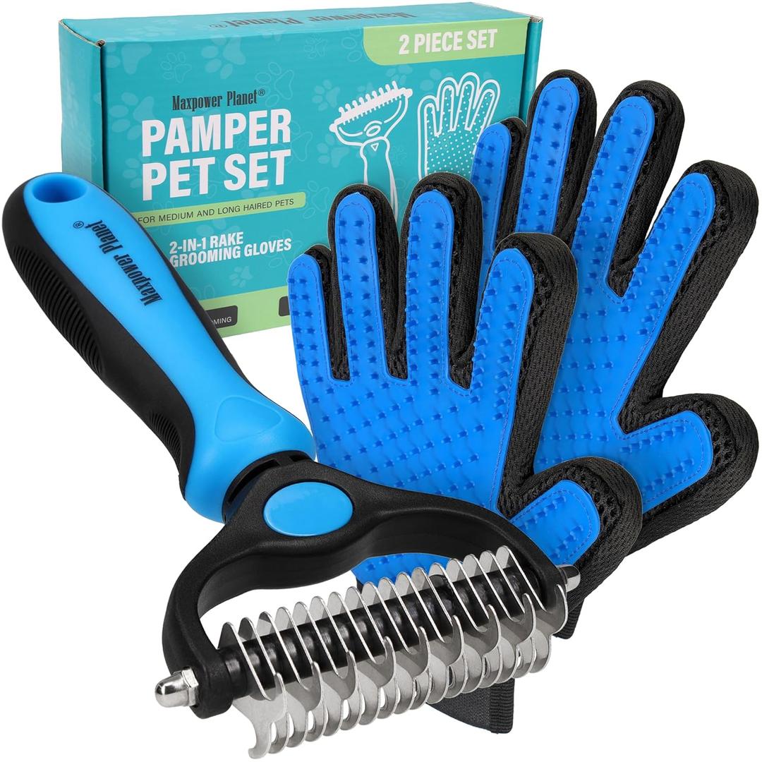 Maxpower Planet Pet Grooming Brush and 2X Grooming Gloves Combo - Double Sided Dematting, Deshedding Undercoat Rake for Dogs and Cats - Reduce Shedding Easily - Blue (Large)