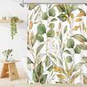 Green Gold Plant Shower Curtain, Botanical Leaves on White Background Natural Curtain Set for Aesthetic Bathroom Waterproof Odorless Fabric 72x72 inches, Hooks Included