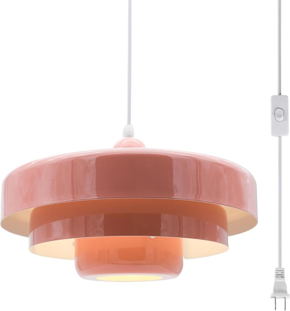 Hanging Lamp Pink Plug in Pendant Light Mid Century Modern Pendant Lamp Fixtures Nordic Hanging Light Style Pendant Lighting Metal Shade for Living Room Dining Room Bedroom Kitchen Island