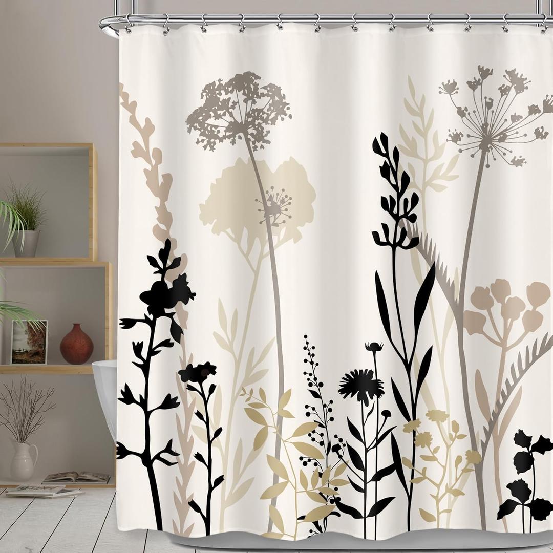 Omifly Beige Shower Curtain Cream Tan Floral 60Wx72L Taupe Brown Silhouette Flower Boho Wildflower Leaves Plants Botanical Vintage Bathroom Set 12 Plastic Hooks Waterproof Toilet Accessories Decor
