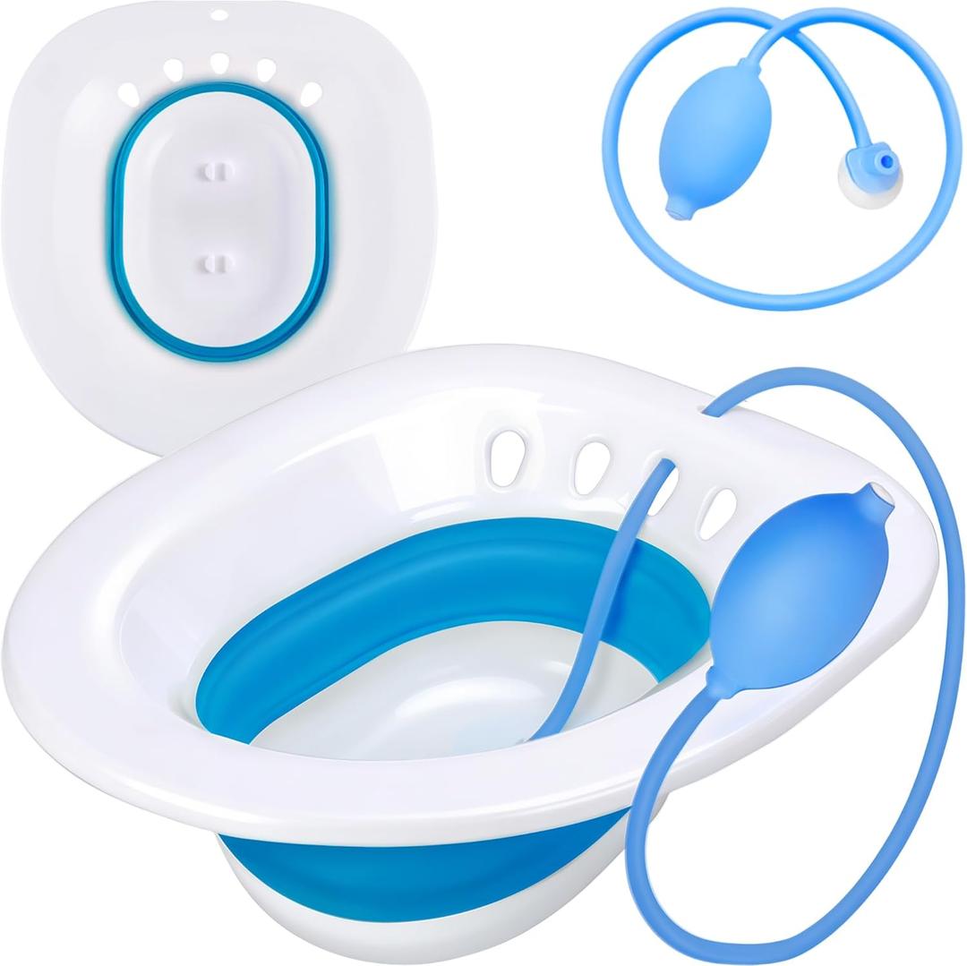 Pochik Sitz Bath for Toilet Seat Hemorrhoids and Postpartum Care, Yoni Steam Seat, Perineal Soaking, Collapsible, Flusher Hose, Drain Holes, Wider Seating Area - Blue