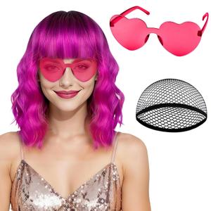 PLULON Wavy Bob Wigs with Bangs Heart Sunglasses Hair Cap for Women, Colored Synthetic Hair Short Bob Loose Curly Shoulder Length Wigs for Costume Bachelorette Party Music Festival (Rose mixed Purple)