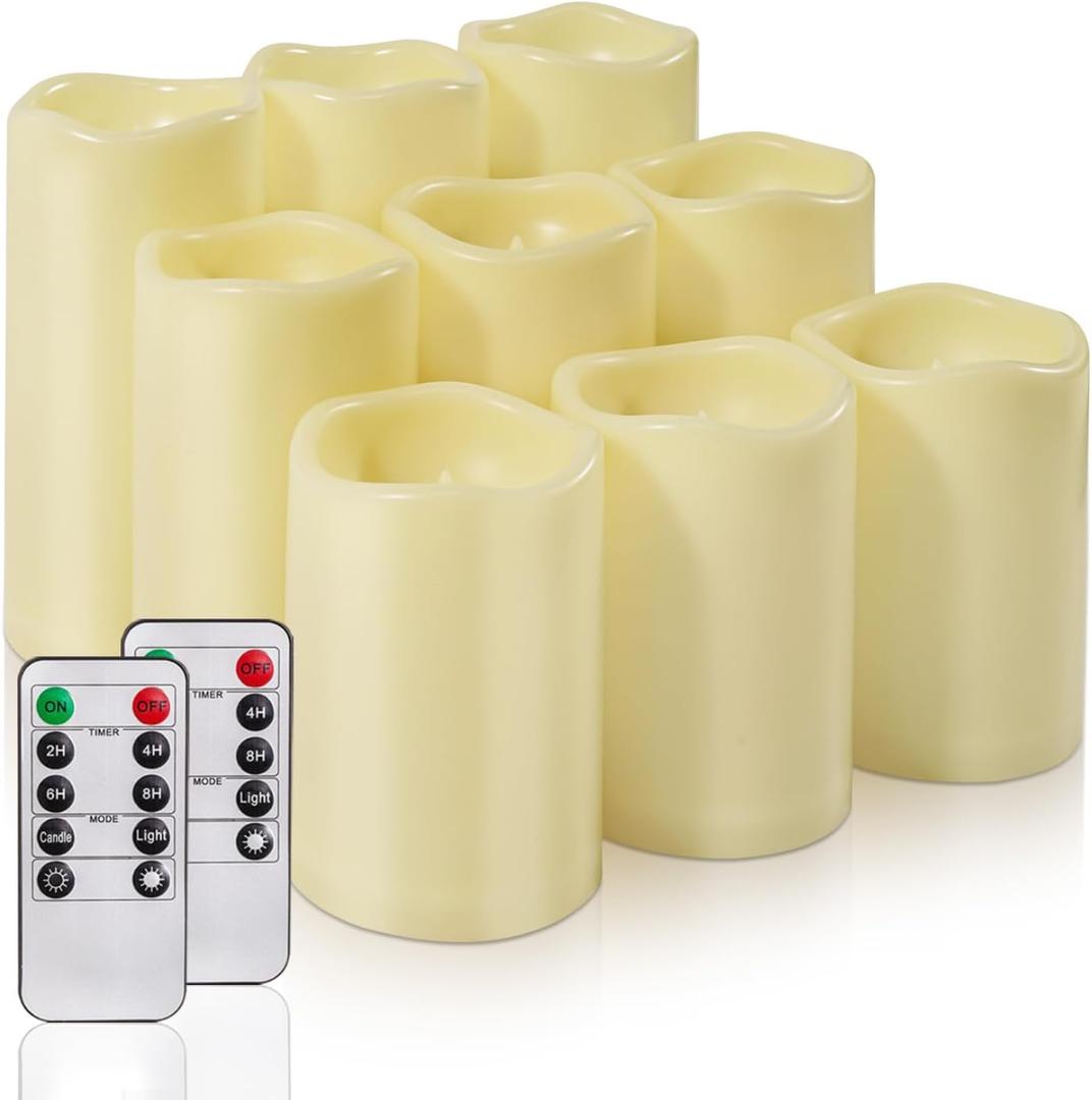 Homemory 9 Pack Flameless Candles, Outdoor Waterproof, Battery Operated LED Pillar Candles with Remote Control and Timer, Plastic, Long Lasting