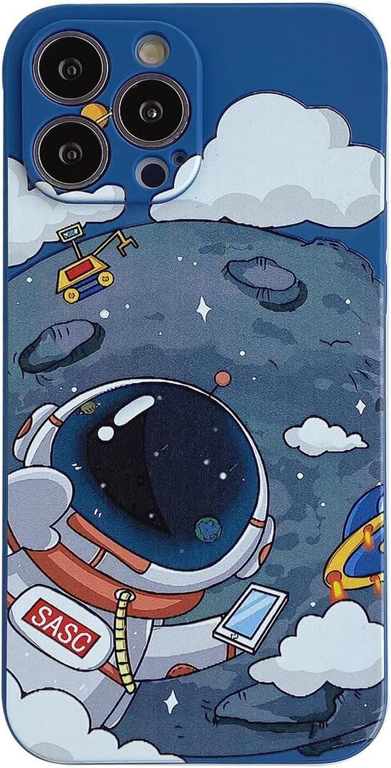for iPhone 14 Pro Max Cute Case, Cool Cartoon Astronaut Planet Moon Space Design Stylish TPU Bumper Shockproof Anti-Slip Protector Fashion Case (Blue Moons, iPhone 14 Pro Max)