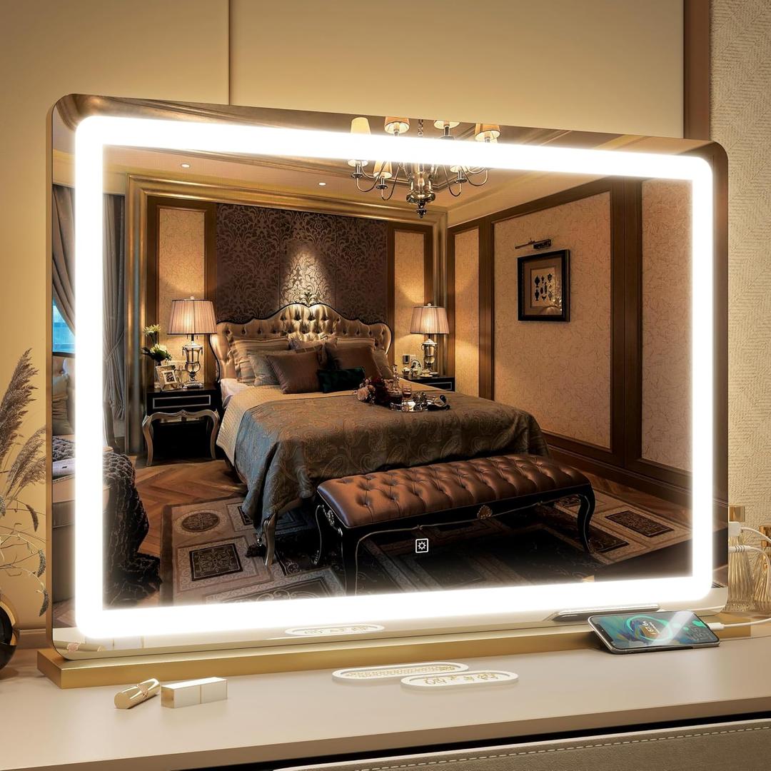 FENNIO Vanity Mirror with Lights 32"x22", Lighted Makeup Mirror, Large Vanity Mirror with Lights, Touch Sensor with 3 Color Lighting,USB Charging Port for Vanity Desk TabletopGold