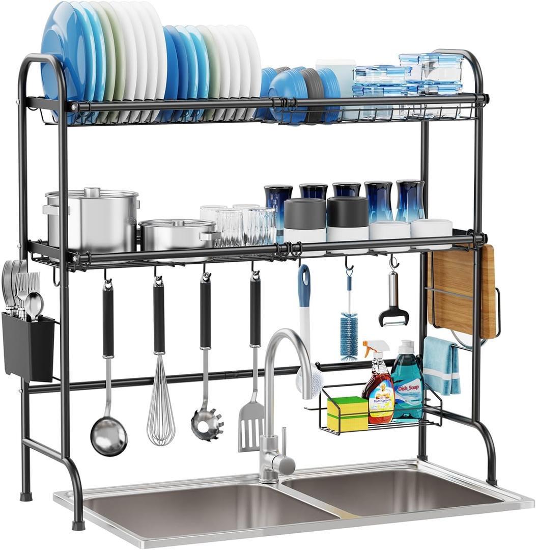 GSlife Stainless Steel Over The Sink Dish Drying Rack - 2 Tier Dish Rack Over Sink, Dish Drainer Rack with Utensil Holder and Cutting Board Holder for Kitchen Counter, Black