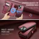 Defencase for iPhone 15 Magnetic Wallet Case Compatible with Magsafe with RFID Blocking Zipper & Card Holder for Women Men, PU Leather Strap Detachable Phone Case for iPhone 15 (6.1 inches), Wine Red