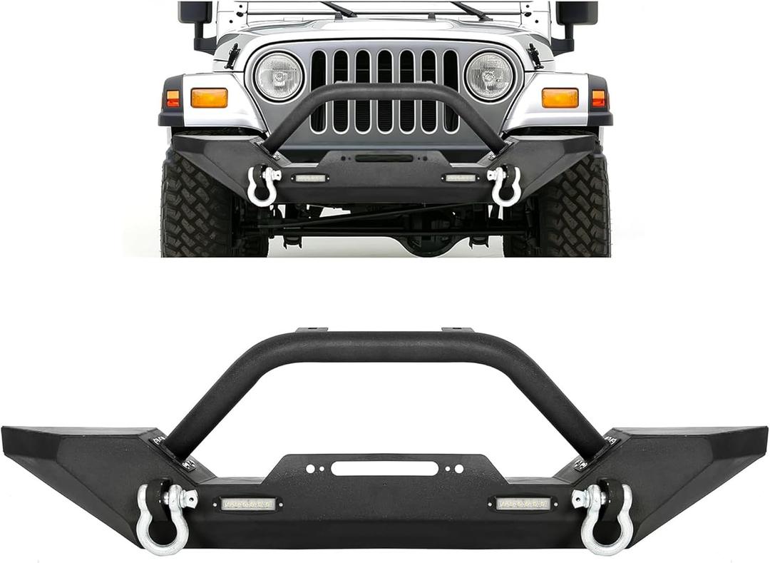 ECOTRIC Front Bumper Compatible with 1987-2006 Jeep Wrangler TJ YJ with Winch Plate D-Ring and 2 LED Lights Black Rock Crawler Heavy Duty
