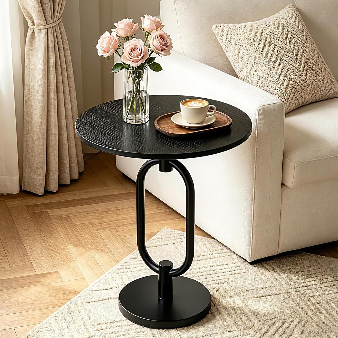 Black Round Side Table 17" x 19" Heavy Duty Metal Pedestal Matel Base Accent Table for Small Spaces Modern End Table for Living Room, Bedroom, Beside Sofa or Couch – Easy Assembly