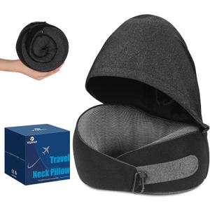 Travel Pillow, Hooded Neck Pillow Airplane for Sleeping, Memory Foam Traveling Pillow for Long Flights, Portable Plane Accessories (Charcoal Black)