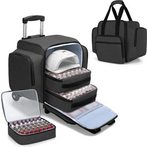 BAFASO Rolling Nail Polish Organizer Holds 144 Bottles, Nail Polish Case with a Detachable Dolly and 3 Removable Cases (Patented Design), Black