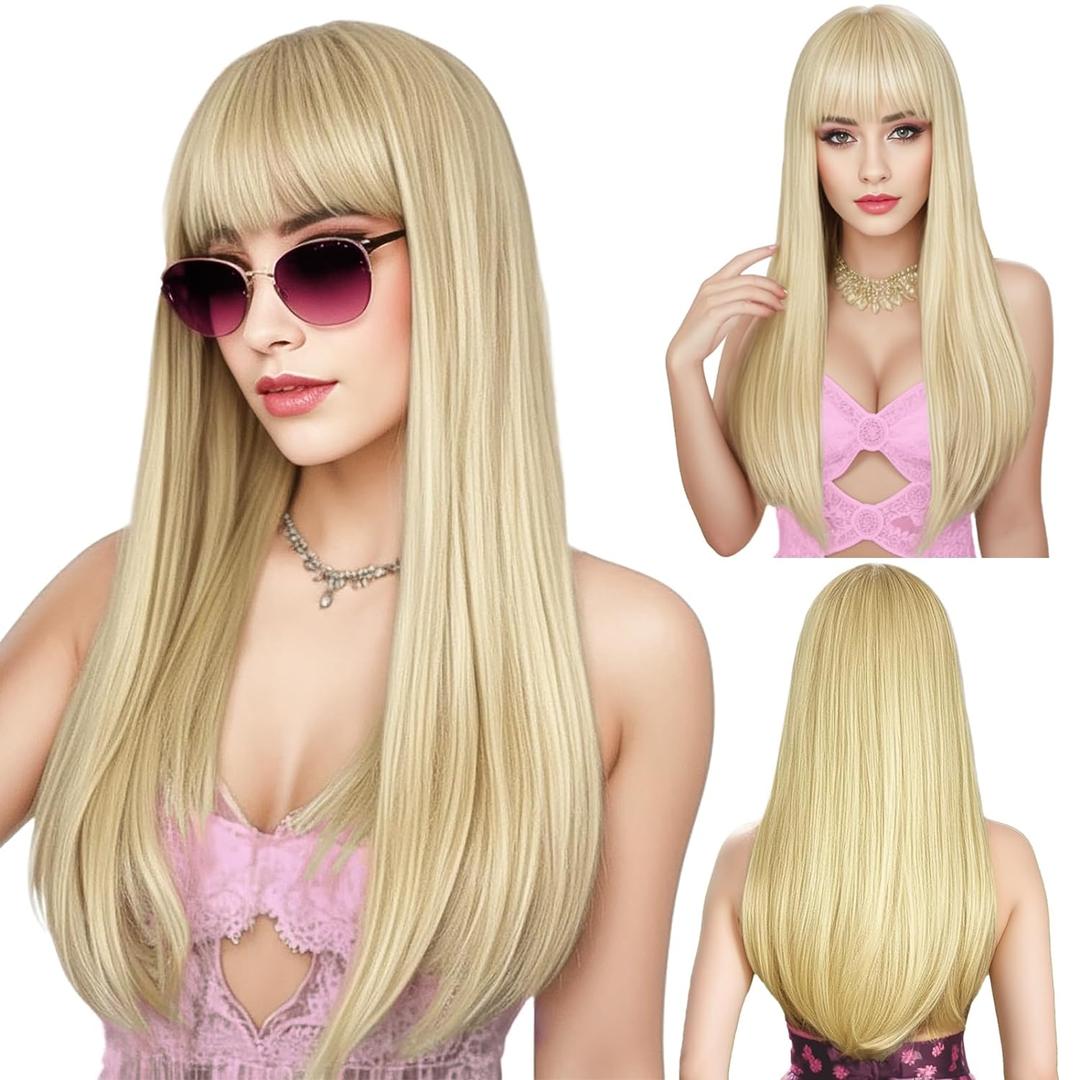 ENTRANCED STYLES Blonde Wig with Bangs, Long Straight Wigs for Women Natural Hair Wigs Synthetic Blond Wigs for Girls Daily Party Halloween Cosplay Wig 22 Inch