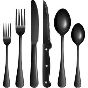 24-Piece Black Silverware Set with Steak Knives Black Stainless Steel Flatware Set for 4 Food Grade Tableware Cutlery Set Rust-proof, Mirror Polished, Dishwasher Safe