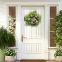 Green Eucalyptus Wreath with Flower and Welcome Sign, 20" Artificial Spring Summer Decorations for Front Door Wall Window Farmhouse Porch Patio Garden Decor