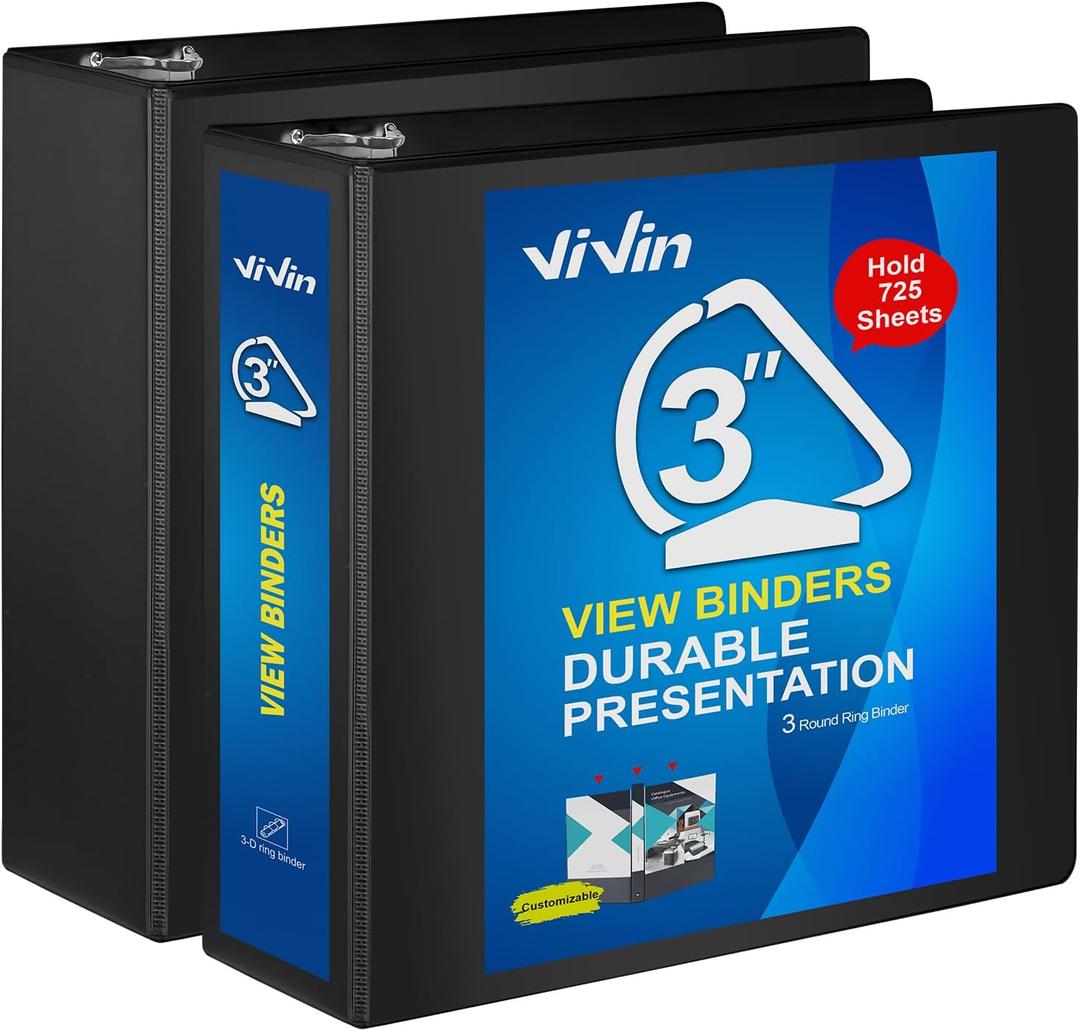 ViVin Durable 3 inch D Ring View Binder, Large 3" Slant-D Ring with 725-Sheet Capacity, Fit 8.5" x 11" Paper, 2 Pack(Black)