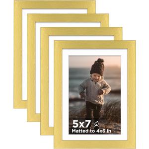 KINLINK 5x7 Picture Frame Gold Set of 4, Wooden Photo Frames Matted 4x6 with Plexiglass for 4x6 with Mat or 5x7 without Mat for Table and Wall Display