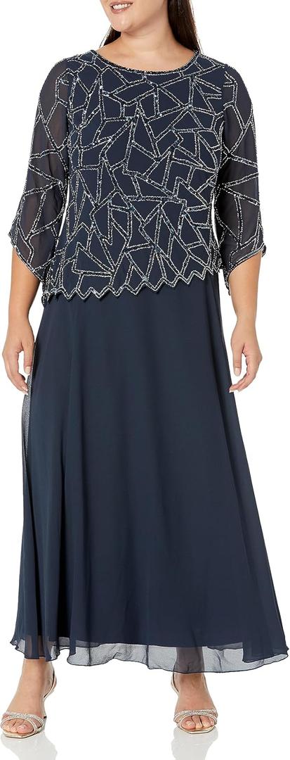 J Kara Women's Scallop Asymetrical Hem 3/4 Sleeve Beaded Mock 2 Piece Long Dress (4, Navy Multi)