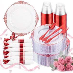 Hioasis 350pcs Clear and Red Plates - Red Party Plates for 50 Guest, Include 100 Heavy-duty Plates(20% Thicker Than Standard), 50 Pre Rolled Gold Plastic Silverware Set, 50 Cups for Mothers Day