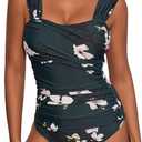 One Piece Bathing Suit for Women Tummy Control Swimsuits Square Neck Rushed Modest Swimwear (Medium, Floral Green)