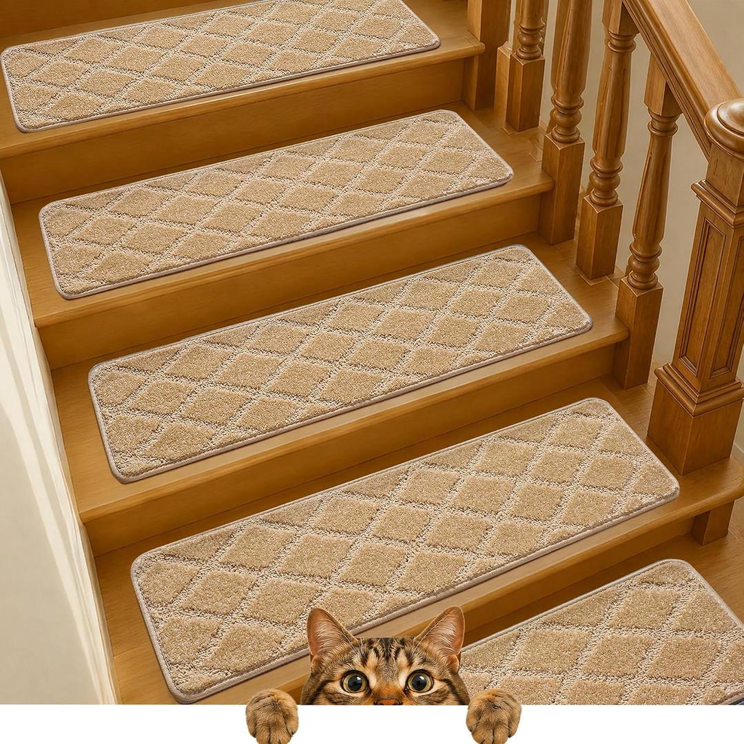 9"x30" Stair Treads for Wooden Steps Indoor, 7Pcs Non Slip Peel and Stick Carpet Stair Treads, Washable & Reusable Self Adhesive Stair Runner Rug for Kids Elders Pets - Beige