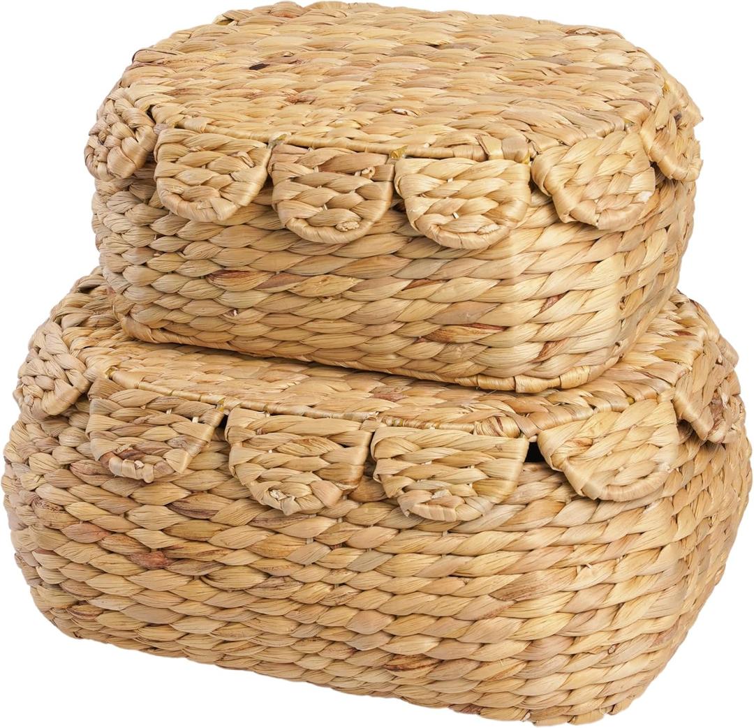 LUSYDECO Set of 2 Wicker Storage Baskets with Lid, Rattan Basket Decorative Boxes, Woven Storage Box Hyacinth Basket with Lids, Small Scalloped Edge Wicker Baskets with Lids