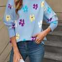 Flower Sweaters for Women Floral Print Pullover Cozy Knit Sweater Crewneck Long Sleeve Shirts Cute Outfits Tops (Blue, L)