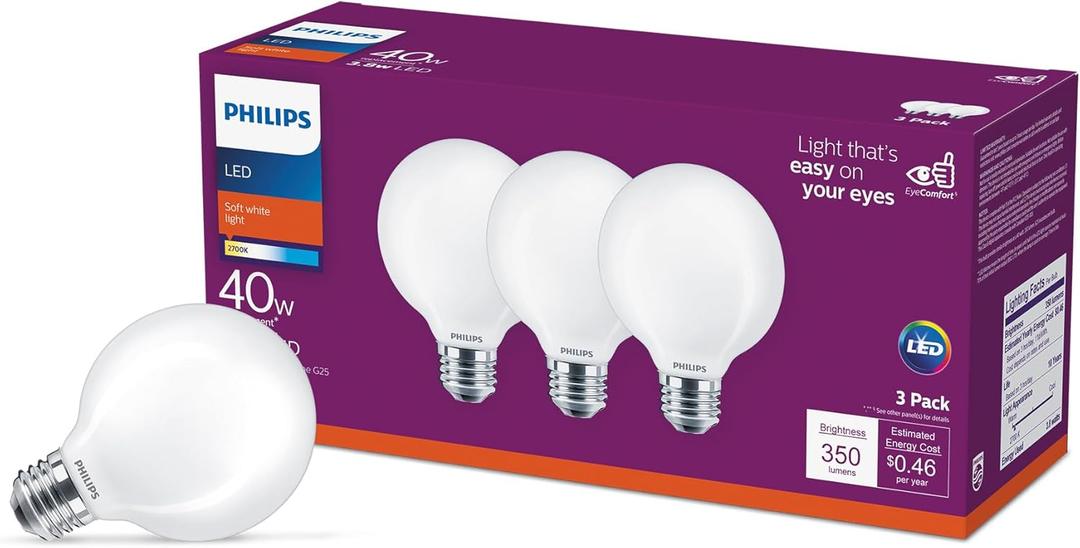 Philips LED Frosted NonDimmable Globe G25 Light Bulb  Pack of 3  EyeComfort Flicker Free  3.8W = 40W  350 Lumen  Soft White (2700K)  E26 Medium Base  Indoor  Title 20