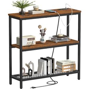 Snughome Console Table with Power Outlets, Entryway Table with Storage, Narrow Sofa Table with 3 Tier Shelves, 2 USB Ports, 2 Power Outlets, Hallway Table for Couch, Living Room, Entrance (Rustic Brown)