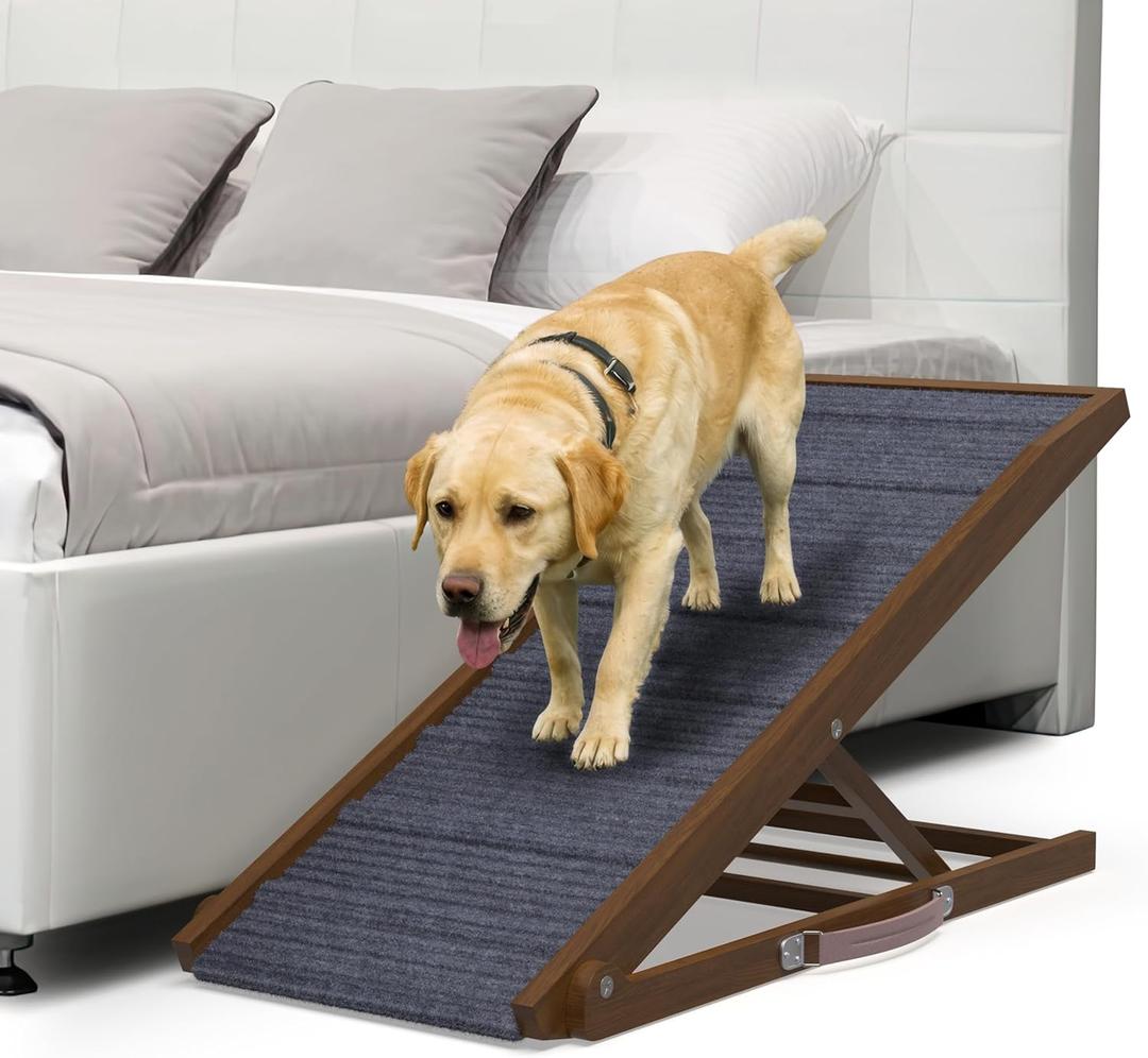 PATHOSIO Dog Ramp for Bed Portable and Folding Dog Ramp for Couch, for All Breeds Real Wooden Ramp for Dogs to Get on Bed, Adjustable Large Ramp (Walnut Wood - Grey Carpet, Large)