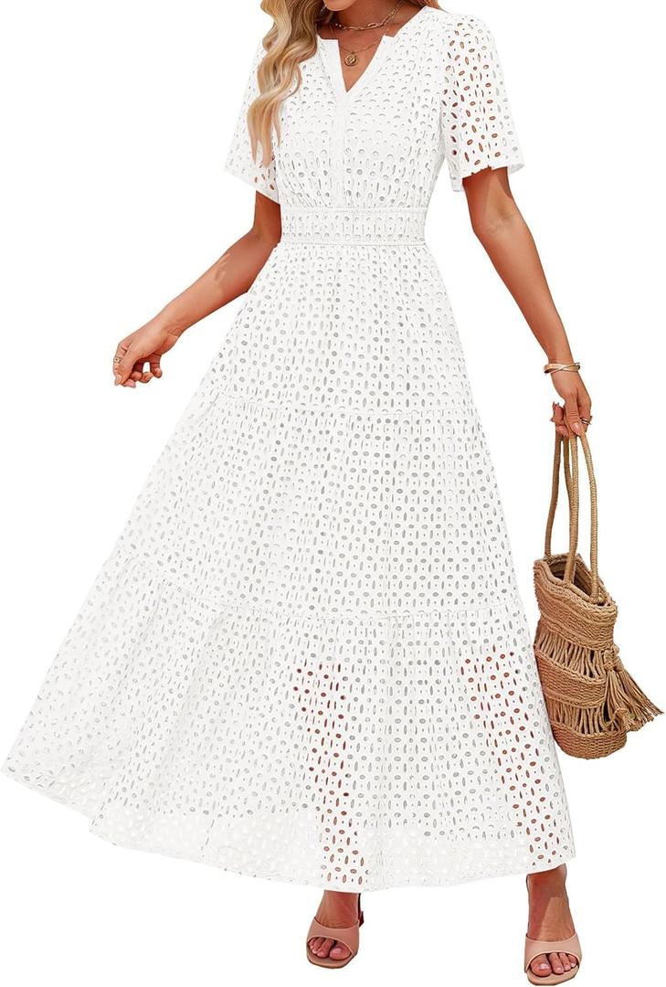 ZESICA Women's 2026 Summer Short Sleeve Maxi Dress Casual V Neck Hollow Out Eyelet Ruffle Swing A Line Long Dresses (White)
