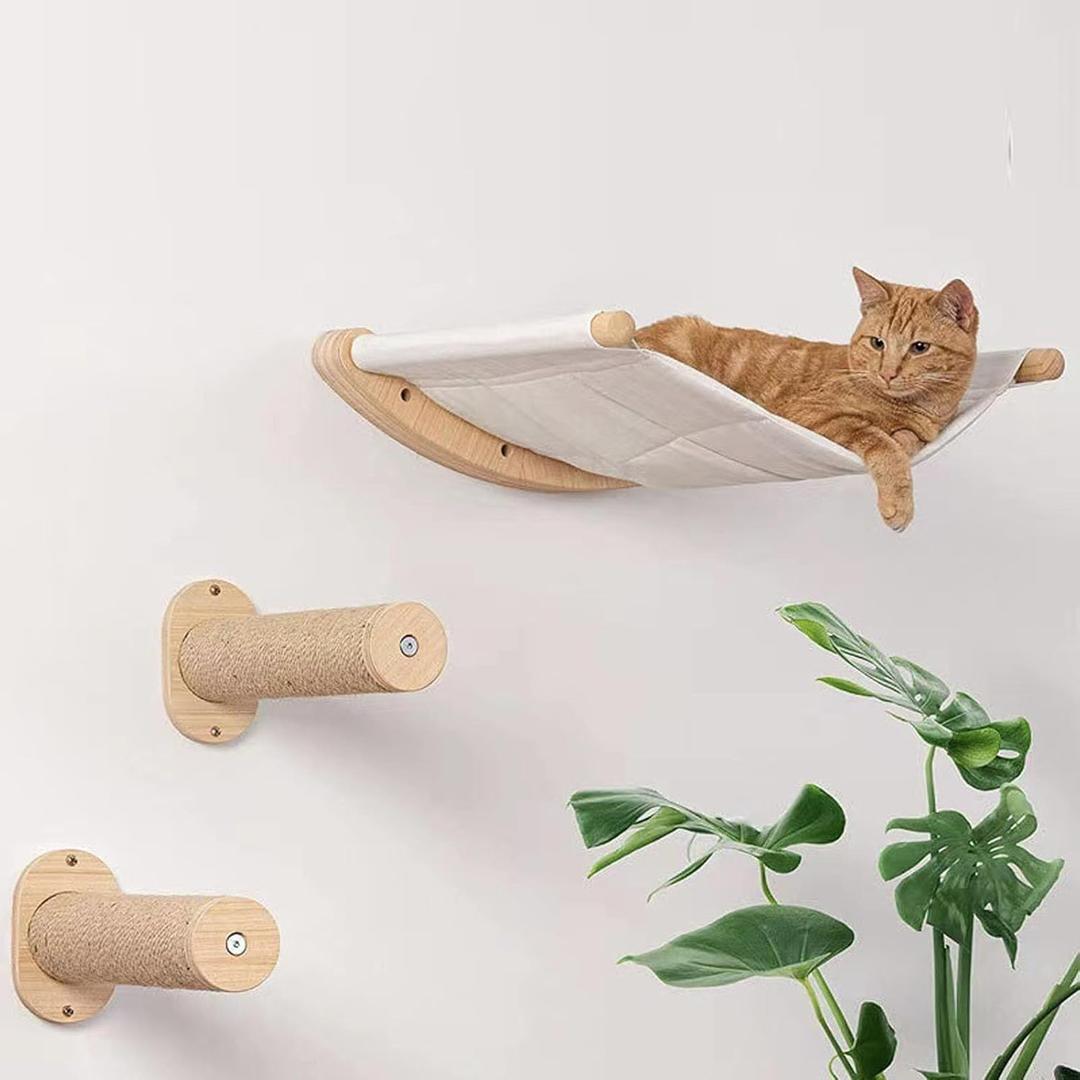 2 Pcs Cat Wall Steps with Hammock,Wall Mounted Space Saving Birch Wood Cat Wall Shelves,Multi Layer Stable Cat Climbing Ladder with Scratching Cushion for Hopping and Sleeping