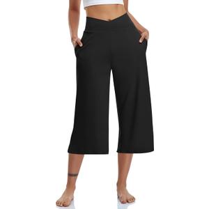 TARSE Womens Casual Wide Leg Yoga Capris Crossover High Waist Capri Pants Loose Soft Pajama Pockets Sweatpants (Black, M)