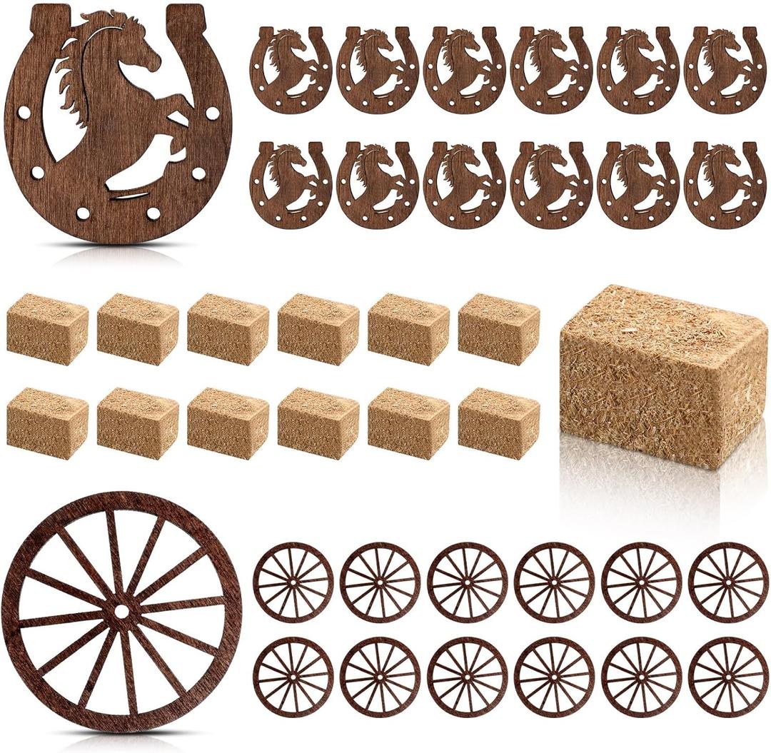 Junkin 36 Pieces Western Party Decorations Supplies 12 Mini Horseshoes 12 Wagon Wheels Crafts 12 Mini Hay Bales for Vintage Country Derby Good Luck Horseshoe Western Theme Party Favors