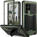 Simicoo Samsung S23 Plus Case with Screen Camera Protector Kickstand, Samsung S23 Plus Rugged Military Metal Heavy Duty Case with Stand Screen Protector Slide Camera Cover for Man Outdoor (Green)