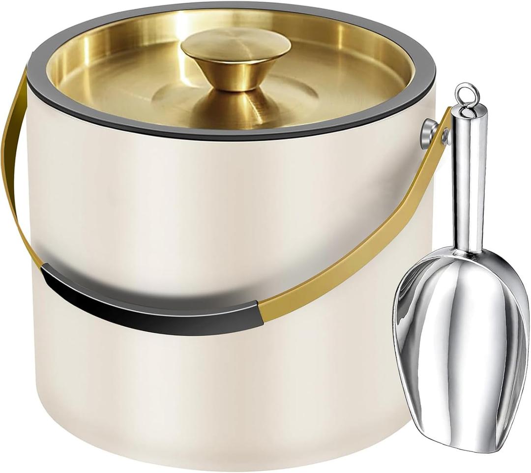 3.2L Modern Insulated Ice Bucket with Silicone Lid, Scoop, Strainer, Double Wall Stainless Steel Ice Bucket for Parties & Cocktail Bar,Ideal for Gift(Pearl White) (Beige)