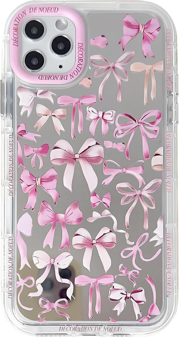 NITITOP Compatible with iPhone 11 Pro Max Case Mirror Cute Silk Ribbon Bow Knot Pattern for Girls Women Bowknot Ultra Slim with Bumper Protector Soft TPU Silver Protective Cover - Pink
