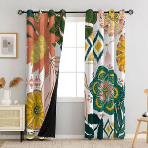 Tyrot Boho Floral 100% Blackout Curtains for Living Room 72 inch Long 2 Panels Mid Century Botanical Black Out Curtains for Bedroom Grommet Thermal Insulated Room Darkening Window Drapes, 52Wx72L