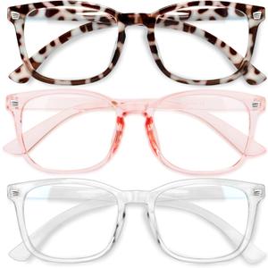 Gaoye Stylish Blue Light Glasses for Woman - Computer Glasses for Blue Light Blocking - Lightweight Frames - 3 pack (A4-leopard+transparent+pink)