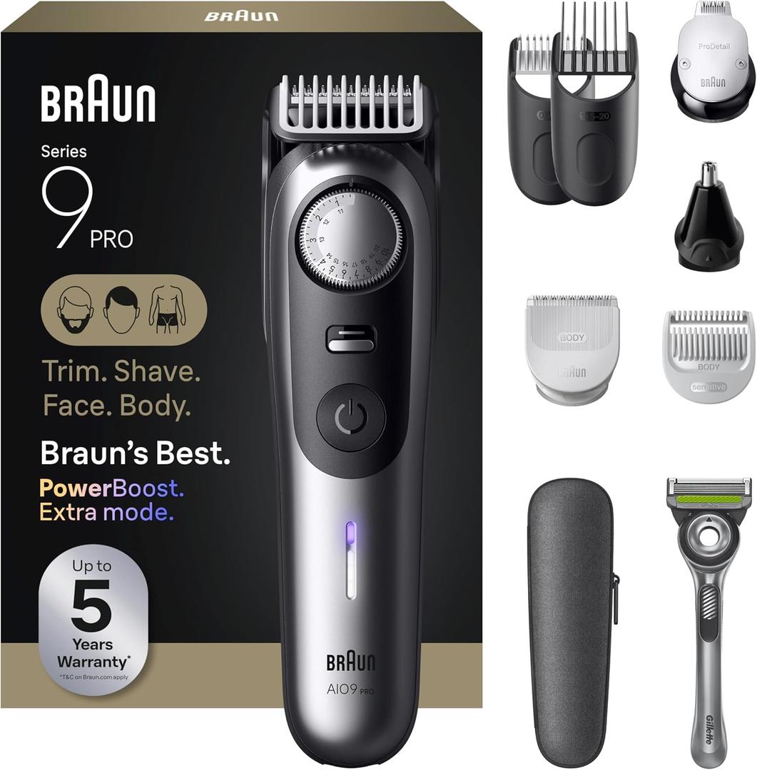 Braun Series 9 PRO All-in-One Beard & Body Grooming Kit for Men, Cordless Trimmer, Hair Clippers & Shaver for Face, Hair & Body with Gillette Labs Razor, AIO 9550