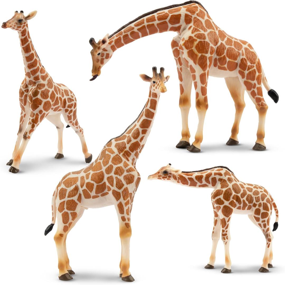 Giraffe Toy Figurines Set, 4PCS Plastic Giraffe Figures and Calf, Realistic Wild Animal Cake Topper and Decor for Kids (Brown)