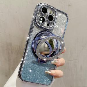 Mirror Kickstand Glitter Diamond Case for iPhone 15 14 13 12 Pro Max,Magnetic Stand Holder,Camera Lens Protector Compatible with Magsafe, Rhinesetone Bing Cover Case (Blue,for iPhone 15 Pro Max)
